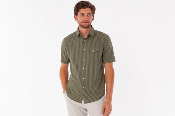 Performance Pearl Snap - Olive Seersucker