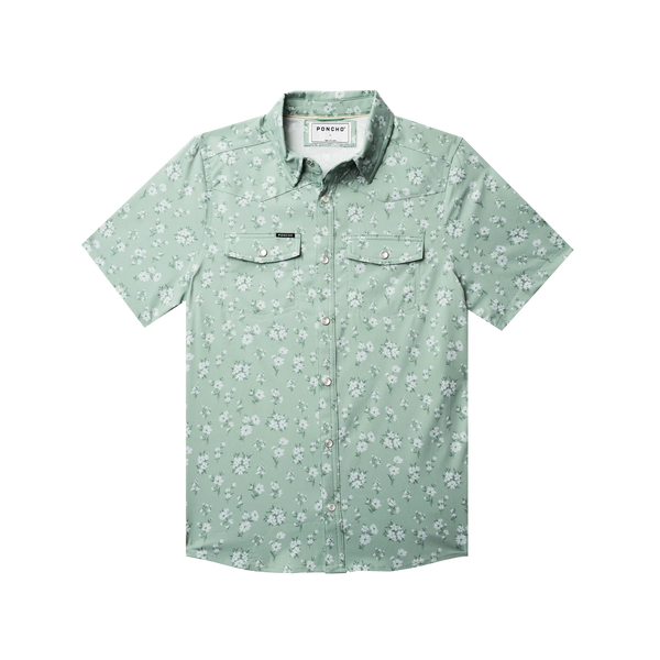Youth Marty Robbins Western Short Sleeve - Green Daisy Floral Print
