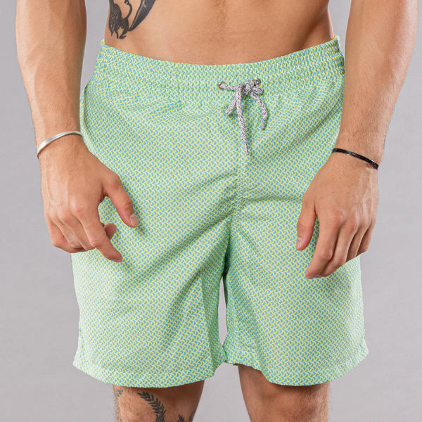 Wave Print Cyclist Swim Trunk - Aqua / Yellow Wave Print Cyclist Swim Trunk - Aqua / Yellow