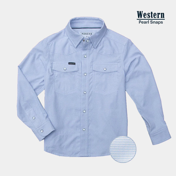 Youth Ranch Hand Western Long Sleeve - Blue Microcheck