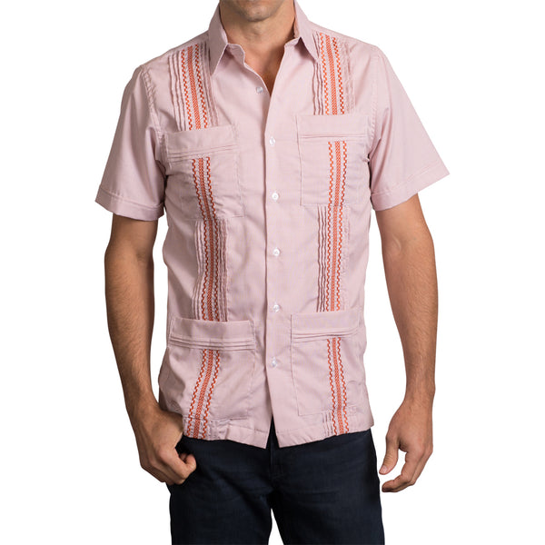Guayabera Men's Shirt, UT Hemingway Mini Check Burnt Orange, Mexican Shirts for Men 