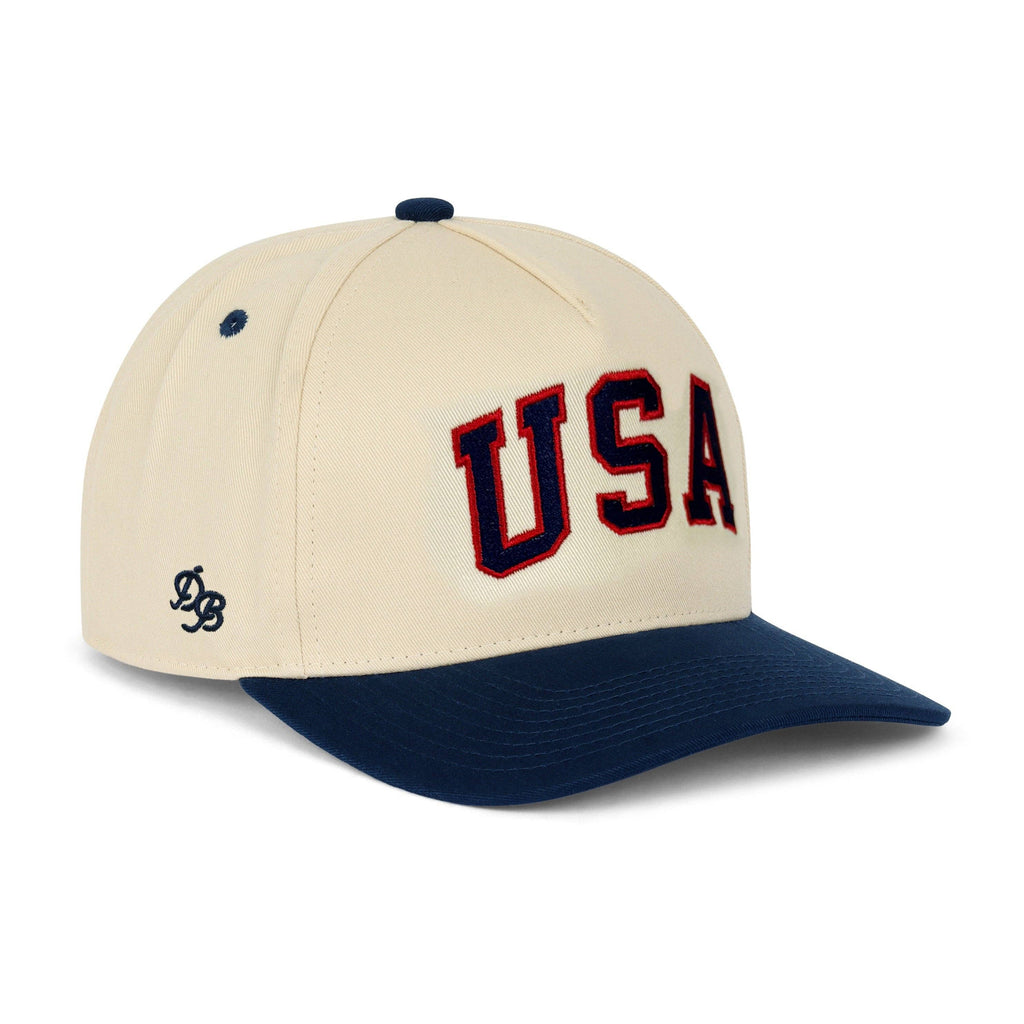 USA Patriotic Snapback Hat - Cream Navy Embroidered