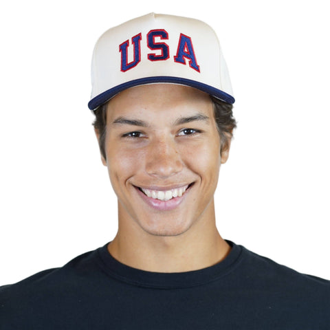 USA Patriotic Snapback Hat - Cream Navy Embroidered
