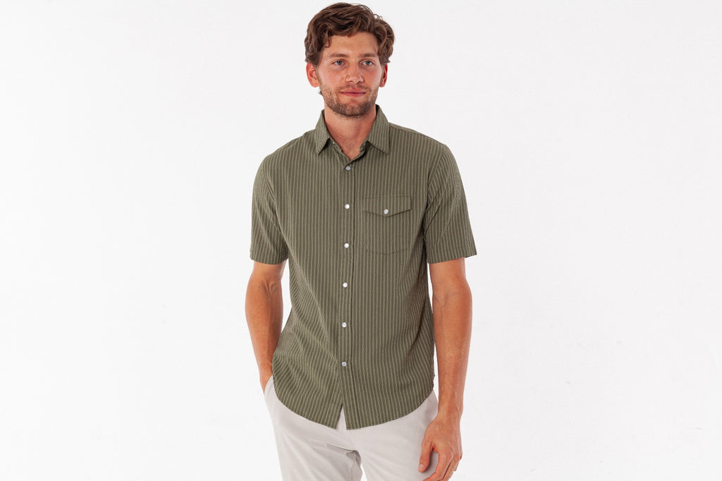 Performance Pearl Snap - Olive Seersucker