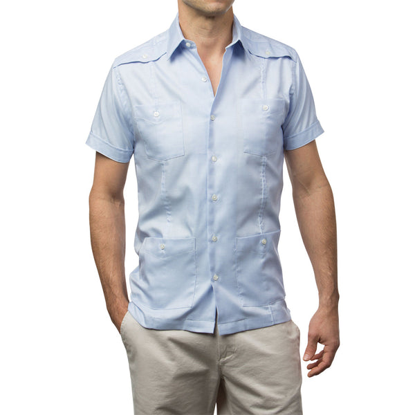 El Guapo Guayabera Shirts, Mexican Shirts for Men Light Blue White Woven 