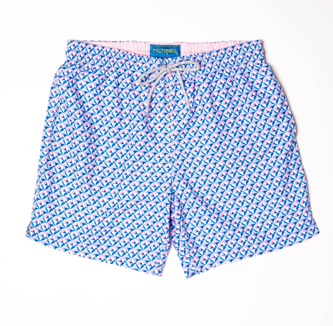 Layered Petals Cyclist Swim Trunks - Coral/Blue