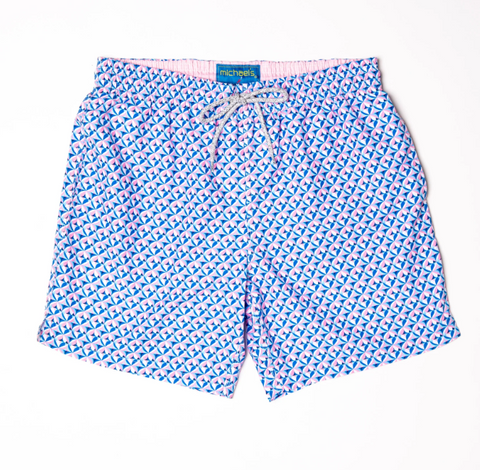 Layered Petals Cyclist Swim Trunks - Coral/Blue