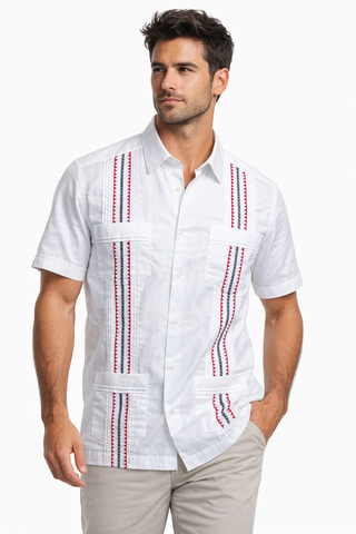 Old Glory Tailored Classic Guayabera - Red & Blue