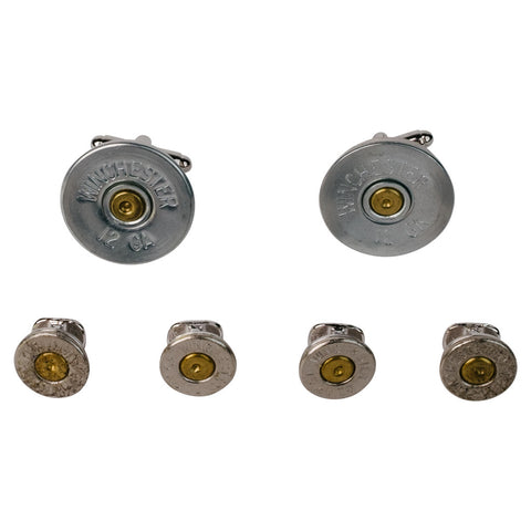 Nickel 12 Gauge Shotgun Shell Stud Set & Cufflinks