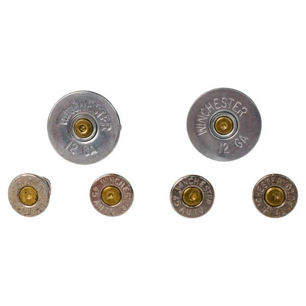 Nickel 12 Gauge Shotgun Shell Stud Set & Cufflinks